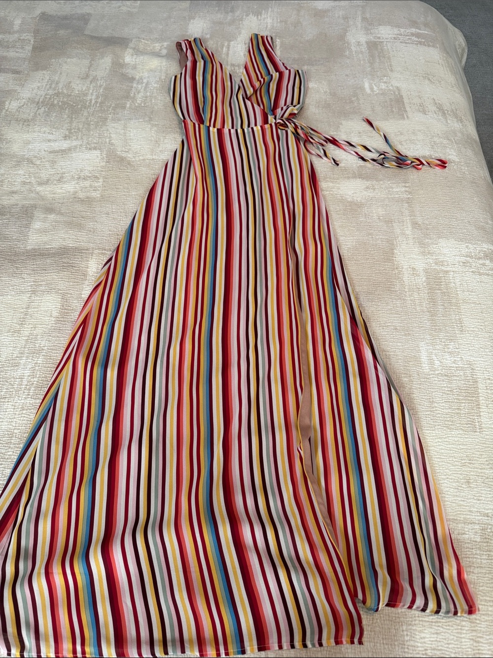 Wayf Rainbow Stripe Maxi Wrap Dress in Red, Yellow & Blue